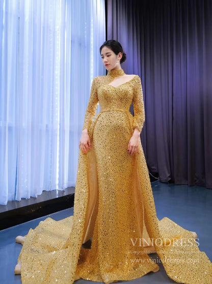 Sparkly Gold High Neck Prom Dresses with Long Sleeves 67271 viniodress-prom dresses 2025 -Viniodress-Gold-Custom Size-