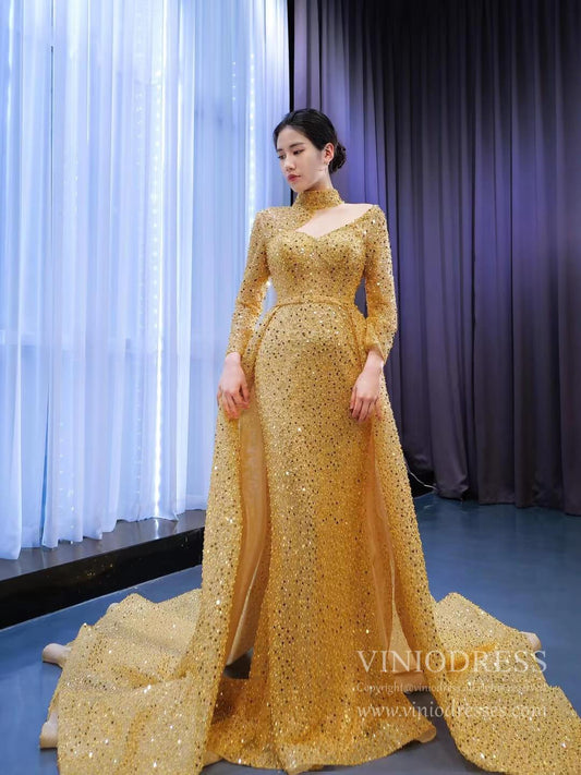 Sparkly Gold High Neck Prom Dresses with Long Sleeves 67271 viniodress-prom dresses 2025 -Viniodress-Gold-Custom Size-