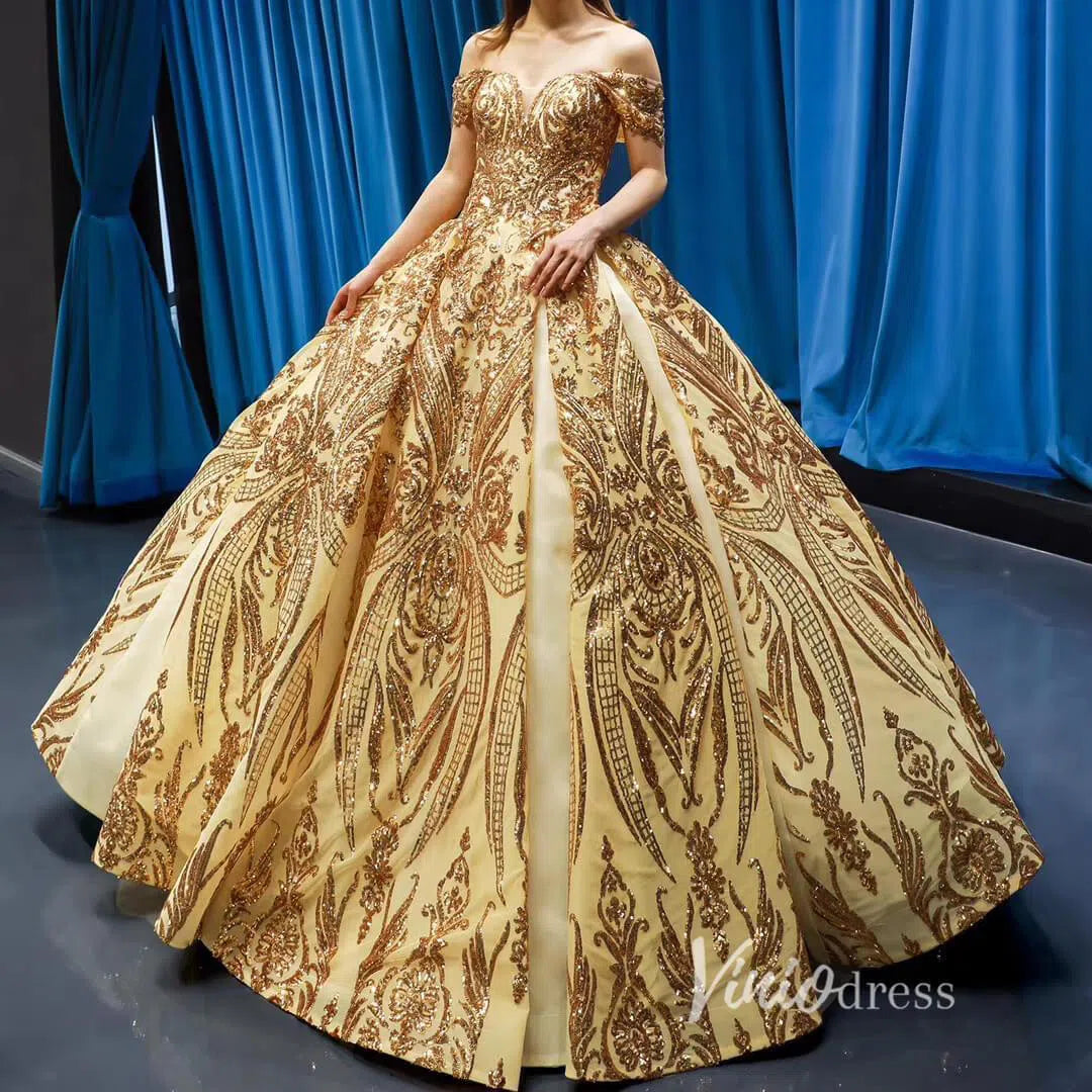 Sparkly Gold Lace Ball Gowns Off the Shoulder Prom Dresses 66709 vinio – Viniodress