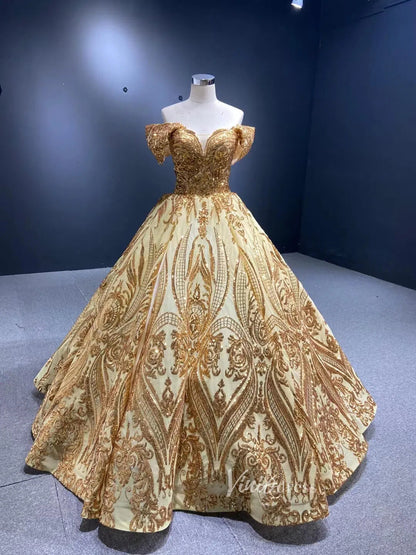 Sparkly Gold Lace Ball Gowns Off the Shoulder Prom Dresses 66709 viniodress-Quinceanera Dresses 2025 -Viniodress-Gold-Custom Size-
