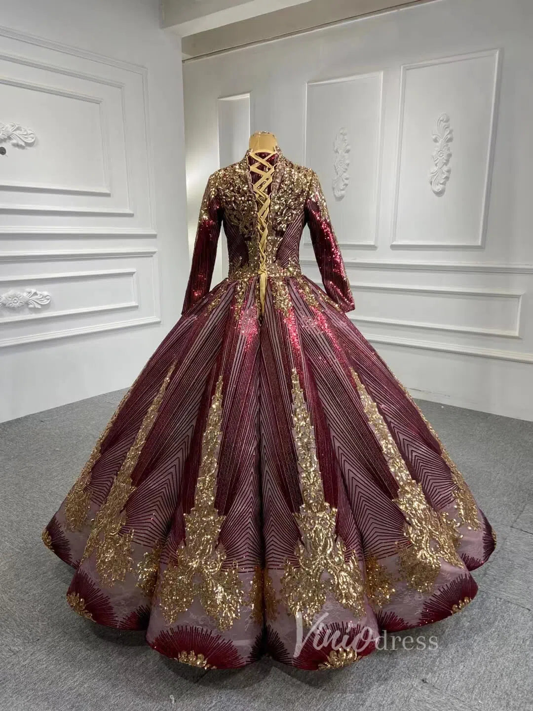 Sparkly Gold Long Sleeve Wedding Dress High Neck 66754 Burgundy – Viniodress