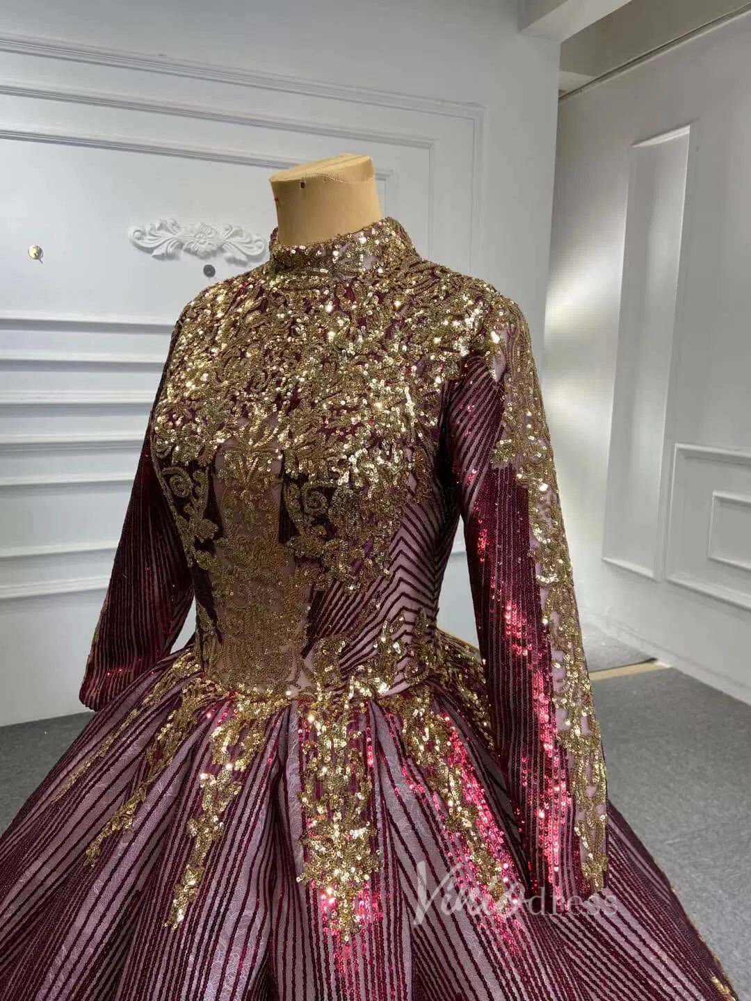 Sparkly Gold Long Sleeve Wedding Dress High Neck 66754 Burgundy – Viniodress