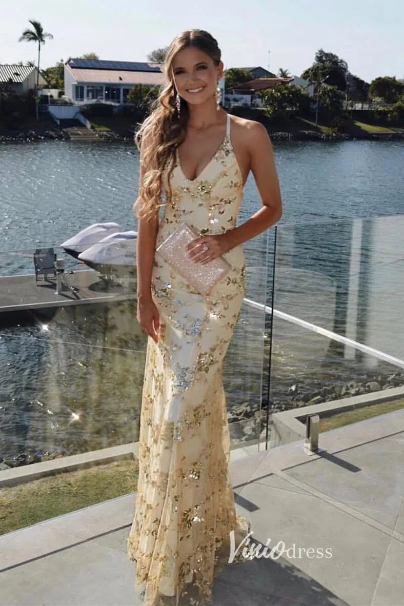 Sparkly Gold Sequin Mermaid Prom Dresses Spaghetti Strap Formal Dresse – Viniodress