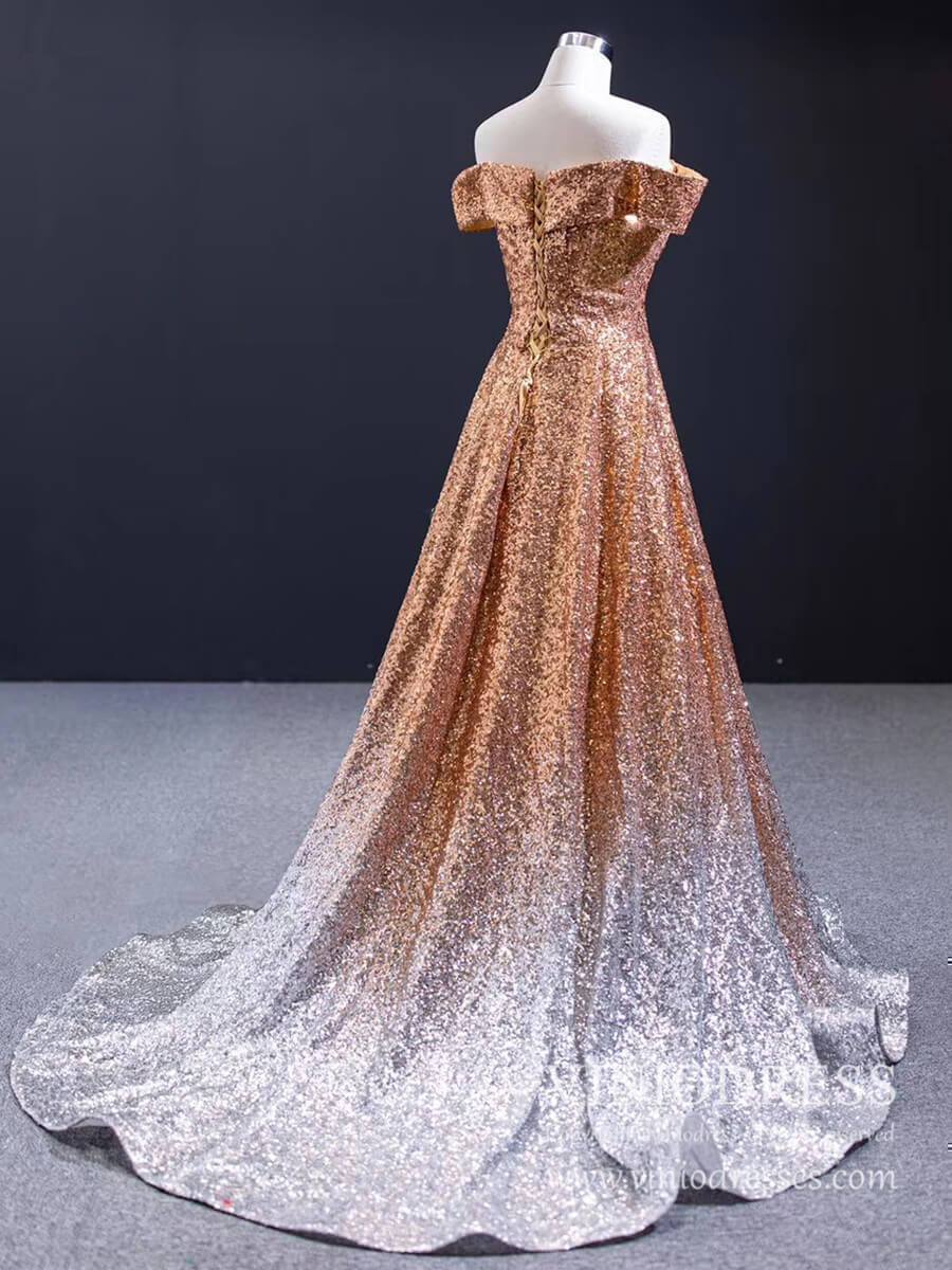 Sparkly Gold Silver Ombre Sequin Long Prom Dresses Off the Shoulder FD – Viniodress