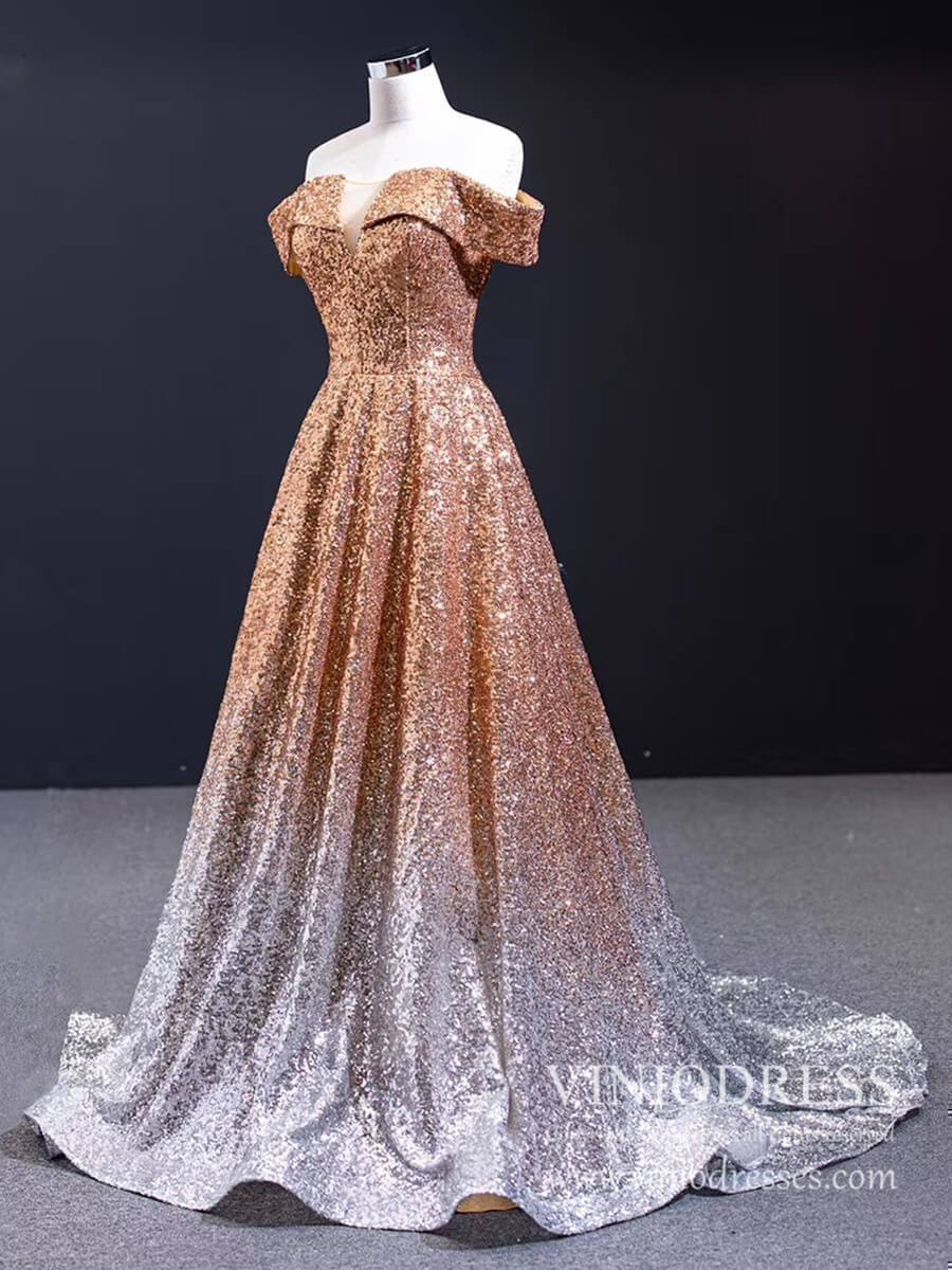 Sparkly Gold Silver Ombre Sequin Long Prom Dresses Off the Shoulder FD – Viniodress
