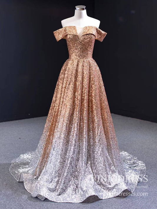 Sparkly Gold Silver Ombre Sequin Long Prom Dresses Off the Shoulder FD1771-prom dresses 2025 -Viniodress-Gold-Custom Size-