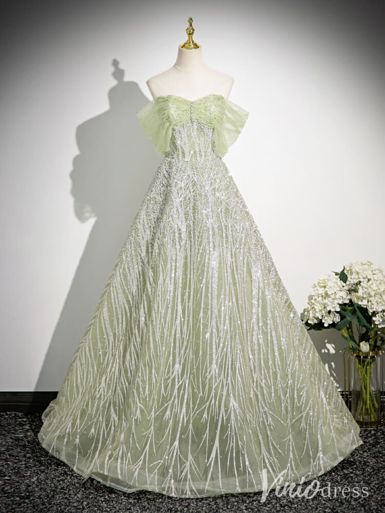 Sparkly Green Off the Shoulder Prom Dresses Beaded Lace Evening Gown AD1341-prom dresses 2025 -Viniodress-Green-Custom Size-