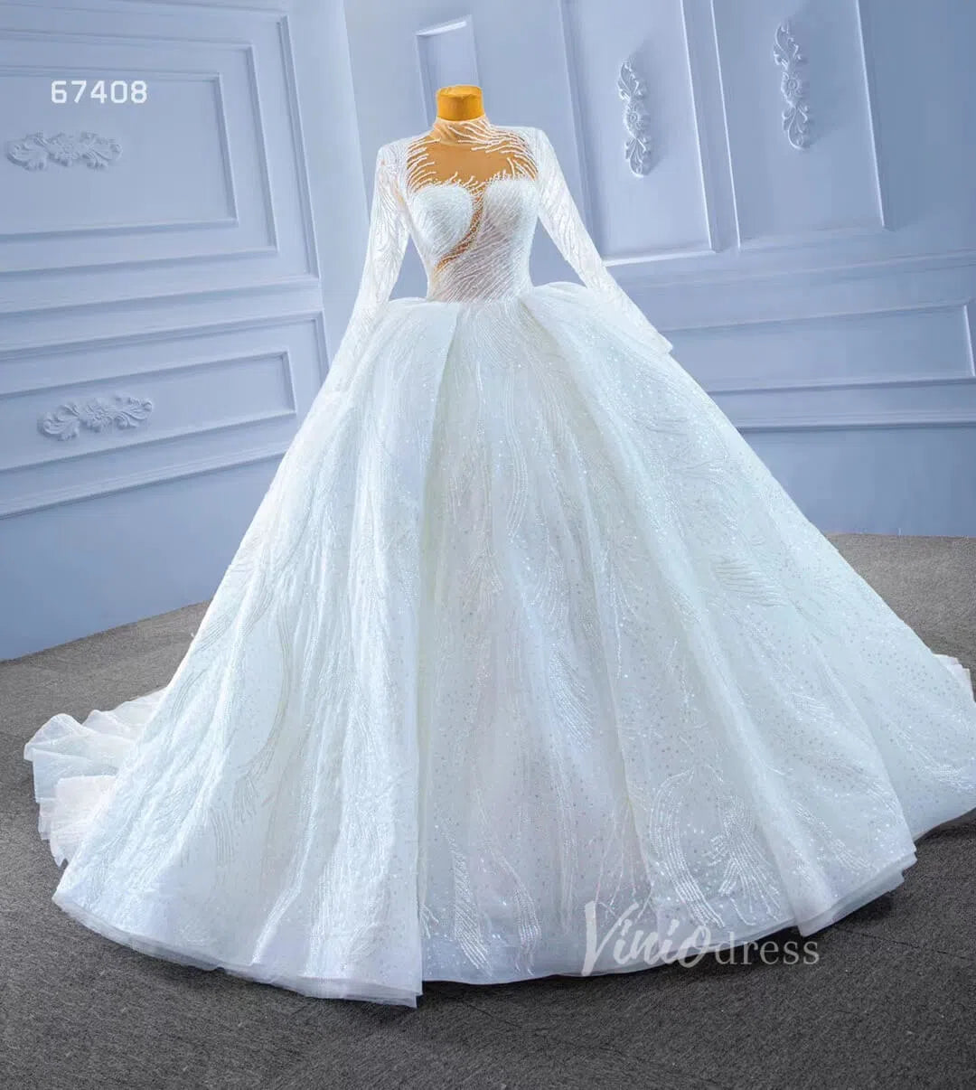 Sparkly High Neck Ball Gown Wedding Dress Long Sleeve 67408 Viniodress-wedding dresses 2025 -Viniodress-Ivory-Custom Size-