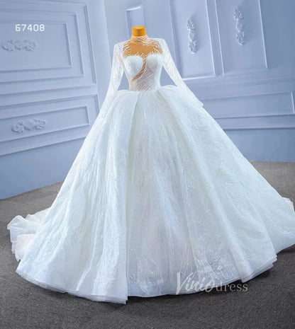 Sparkly High Neck Ball Gown Wedding Dress Long Sleeve 67408 Viniodress-wedding dresses 2025 -Viniodress-Ivory-Custom Size-
