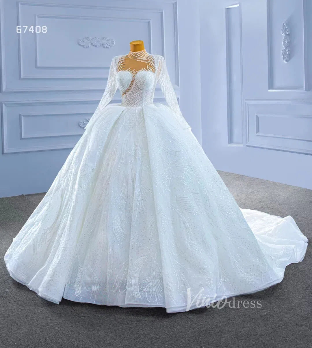 Sparkly High Neck Ball Gown Wedding Dress Long Sleeve 67408 Viniodress-wedding dresses 2025 -Viniodress-Ivory-Custom Size-