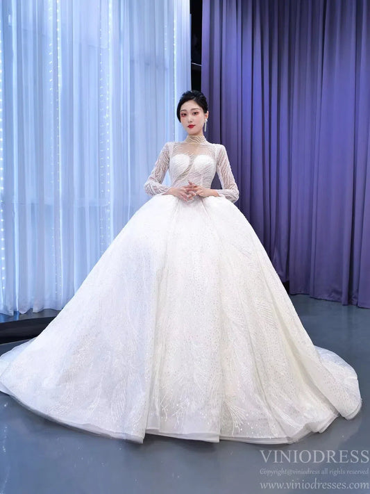 Sparkly High Neck Ball Gown Wedding Dress Long Sleeve 67408 Viniodress-wedding dresses 2025 -Viniodress-Ivory-Custom Size-