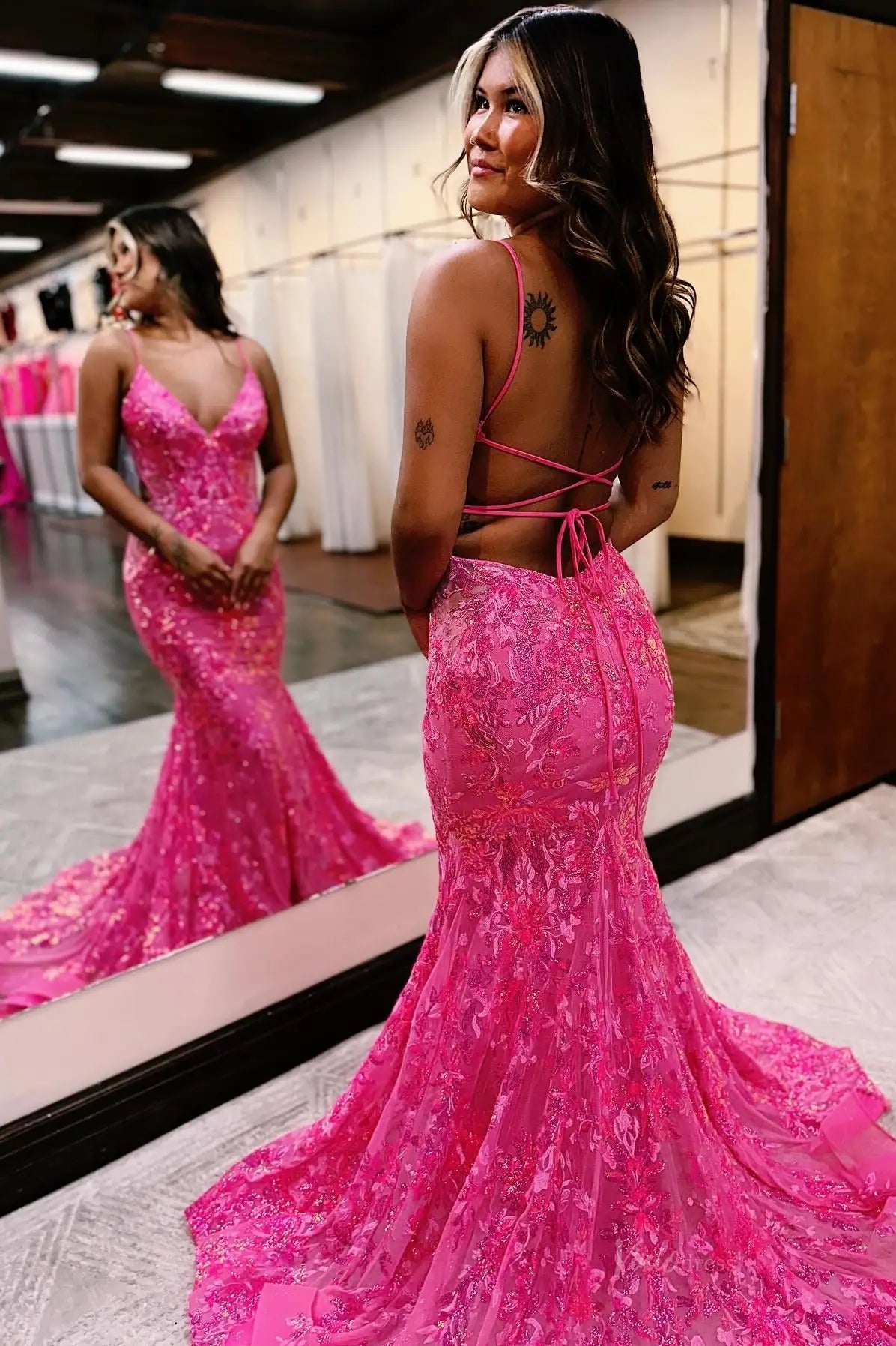 Sparkly Lace Mermaid Prom Dress with Strappy Open Back – SQ039 – Viniodress