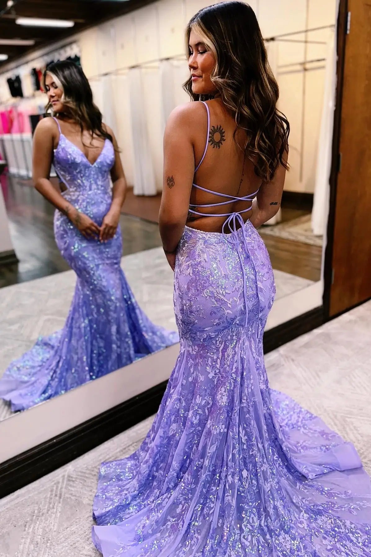 Sparkly Lace Mermaid Prom Dress with Strappy Open Back – SQ039 – Viniodress