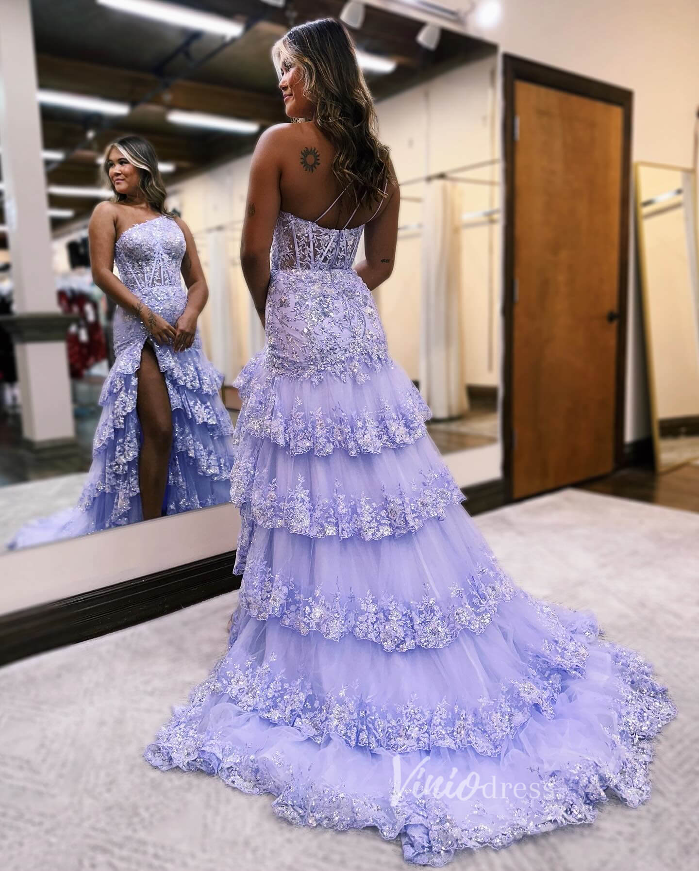 Sparkly Lavender Lace Ruffle Prom Dresses with Slit,One Shoulder Ball Gown FD3637-prom dresses 2025 -Viniodress-Lavender-Custom Size-
