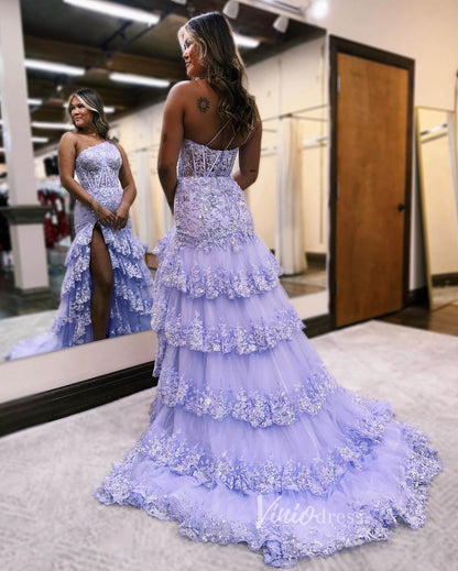 Sparkly Lavender Lace Ruffle Prom Dresses with Slit,One Shoulder Ball Gown FD3637-prom dresses 2025 -Viniodress-Lavender-Custom Size-