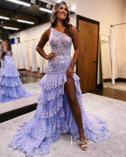 Sparkly Lavender Lace Ruffle Prom Dresses with Slit,One Shoulder Ball Gown FD3637-prom dresses 2025 -Viniodress-Lavender-Custom Size-