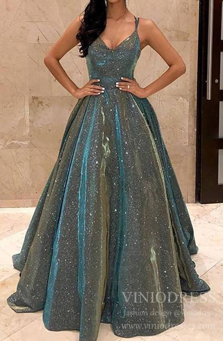 Sparkly Long Prom Dresses Spaghetti Strap Formal Dress FD1777-prom dresses 2025 -Viniodress-Blue-Custom Size-