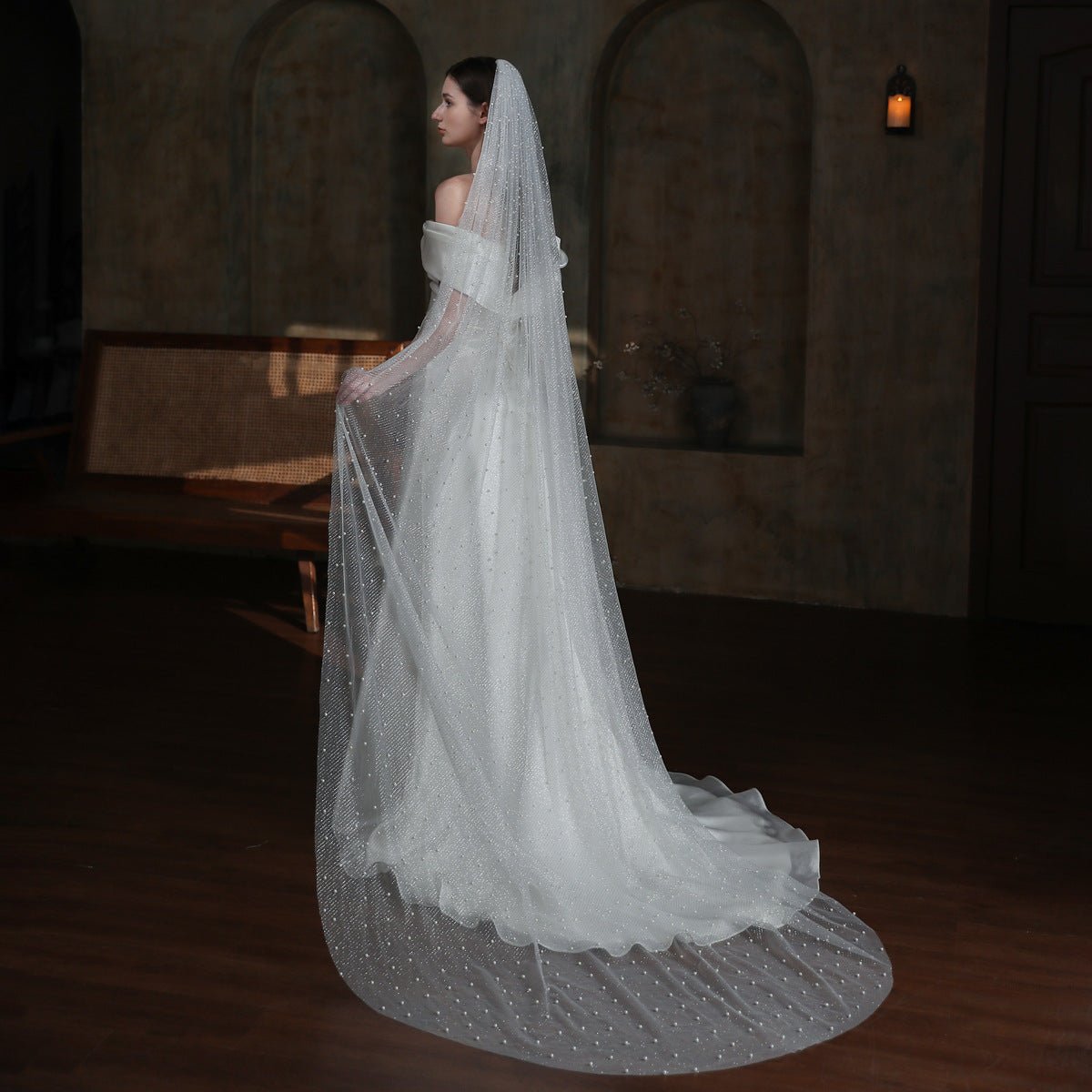 Sparkly Long Tulle Pearl Veil for Brides Viniodress V873-Bridal Veil 2025 -Viniodress-Ivory-300cm-