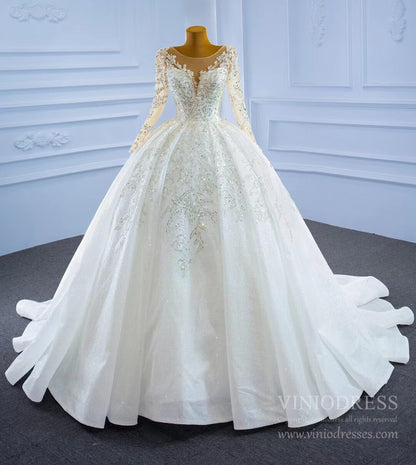 Sparkly Luxury Princess Ball Gown Wedding Dresses with Long Sleeve 67257-wedding dresses 2025 -Viniodress-Ivory-Custom Size-