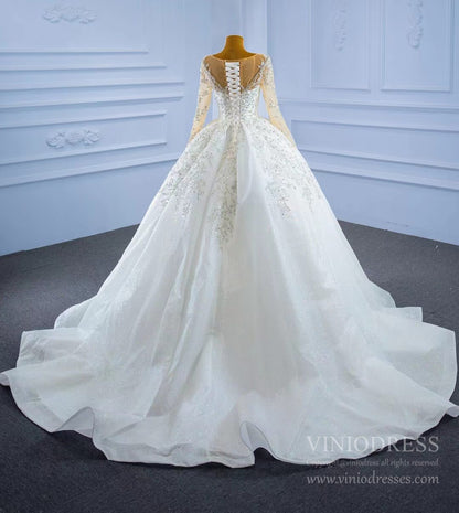 Sparkly Luxury Princess Ball Gown Wedding Dresses with Long Sleeve 67257-wedding dresses 2025 -Viniodress-Ivory-Custom Size-
