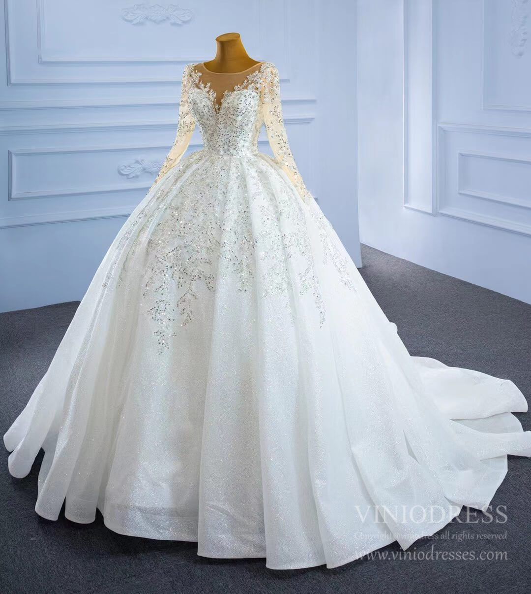 Sparkly Luxury Princess Ball Gown Wedding Dresses with Long Sleeve 67257-wedding dresses 2025 -Viniodress-Ivory-Custom Size-