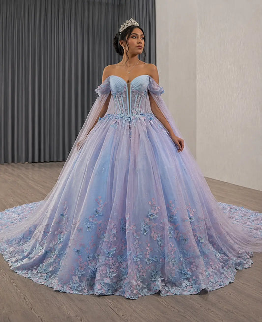 Off-shoulder blue and purple quinceañera ball gown with 3D butterfly appliqués, glitter tulle, and a sheer boned bodice.