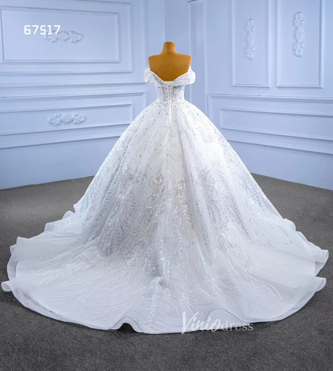 Sparkly Off the Shoulder Ball Gown Dubai Wedding Dresses 67517-wedding dresses 2025 -Viniodress-Ivory-Custom Size-