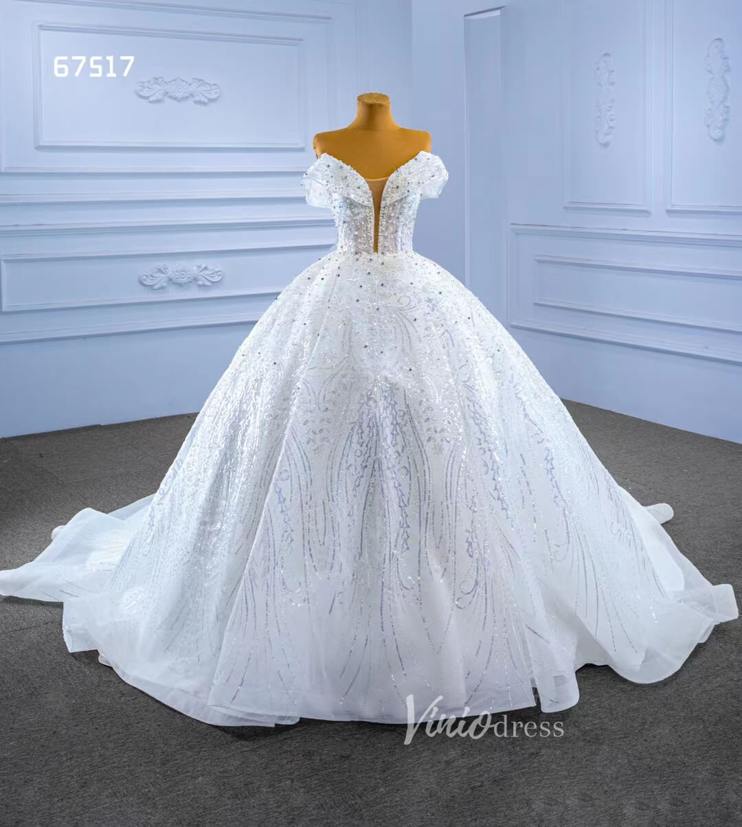 Sparkly Off the Shoulder Ball Gown Dubai Wedding Dresses 67517-wedding dresses 2025 -Viniodress-Ivory-Custom Size-