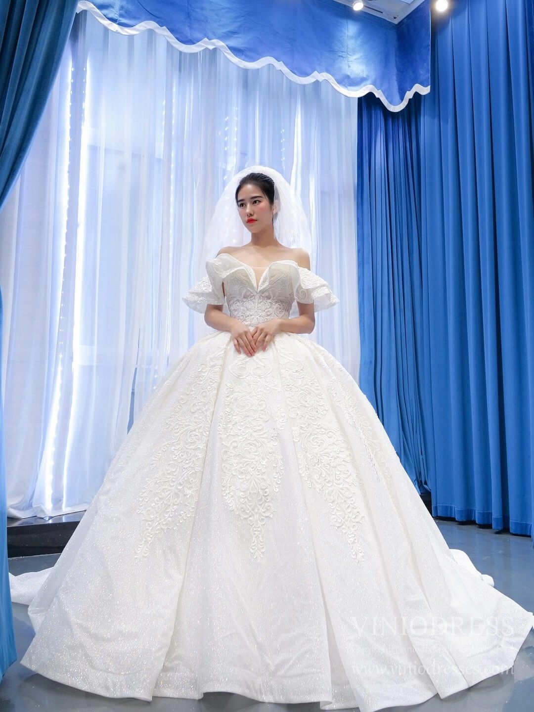 Sparkly Off the Shoulder Lace Ball Gown Wedding Dresses 67162-wedding dresses 2025 -Viniodress-As Picture-Custom Size-