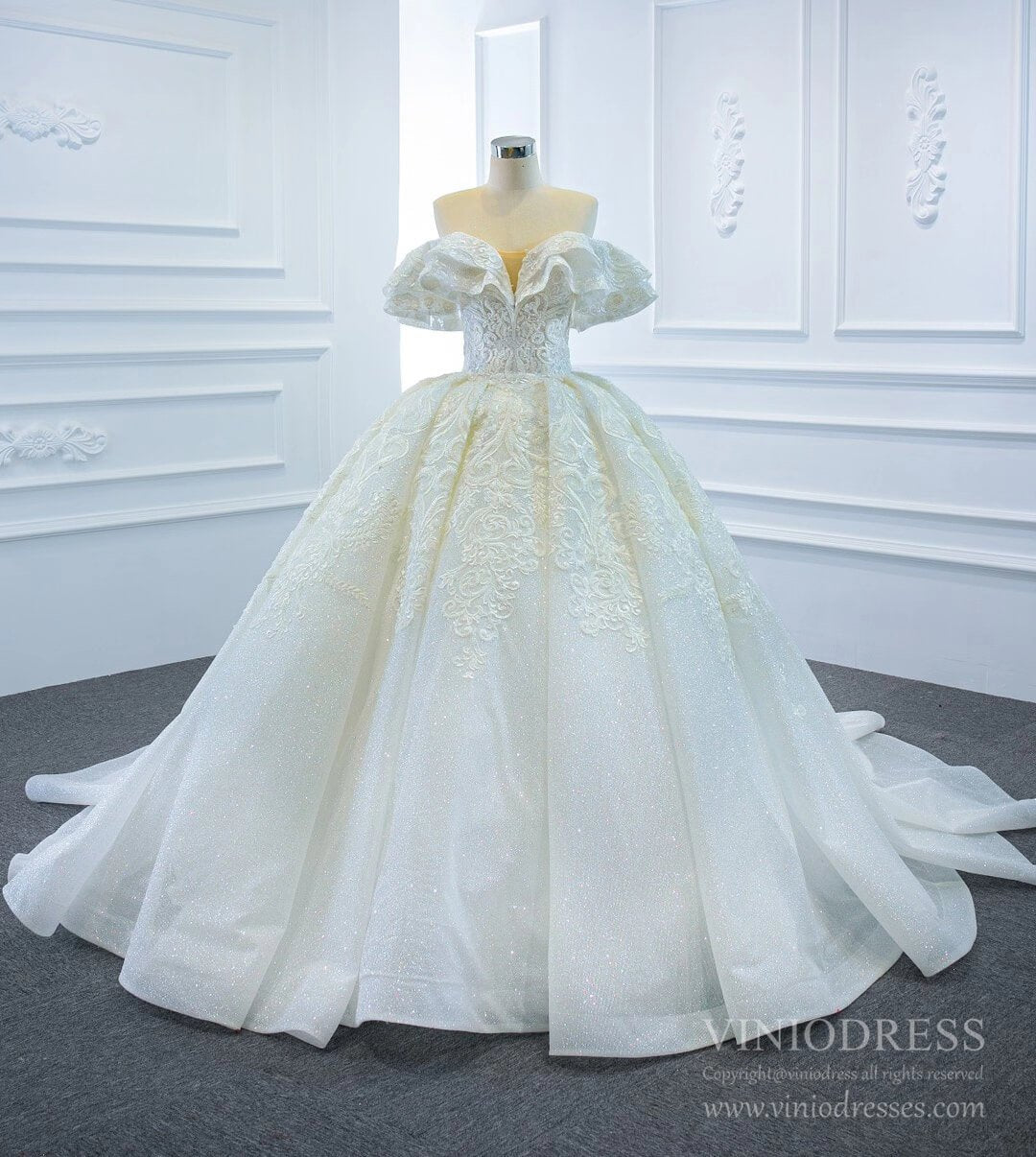 Sparkly Off the Shoulder Lace Ball Gown Wedding Dresses 67162-wedding dresses 2025 -Viniodress-As Picture-Custom Size-