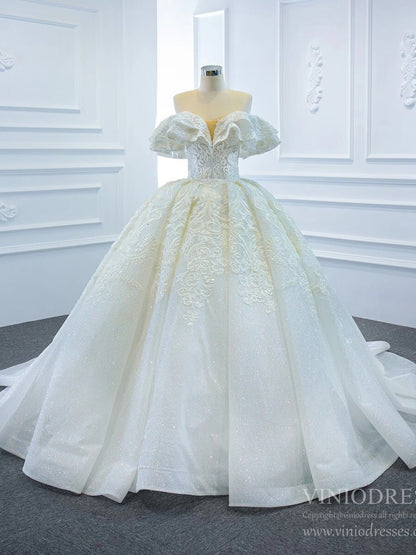 Sparkly Off the Shoulder Lace Ball Gown Wedding Dresses 67162-wedding dresses 2025 -Viniodress-As Picture-Custom Size-