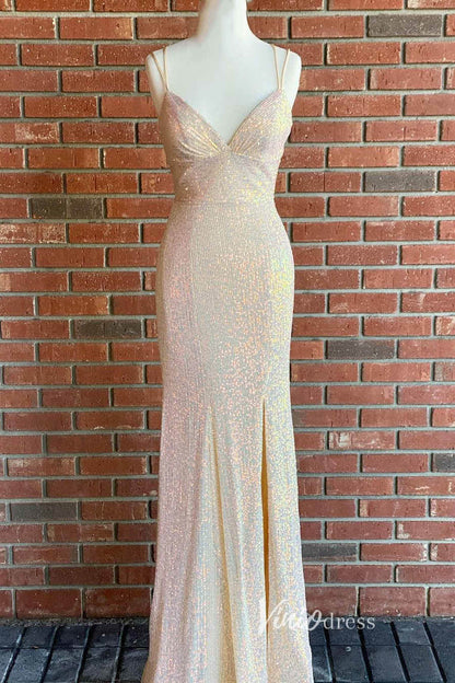 Sparkly Orange Sequin Prom Dress – Mermaid Formal Dress with Slit, Spaghetti Strap V-neck FD3277-prom dresses 2025 -Viniodress-Champagne-Custom Size-