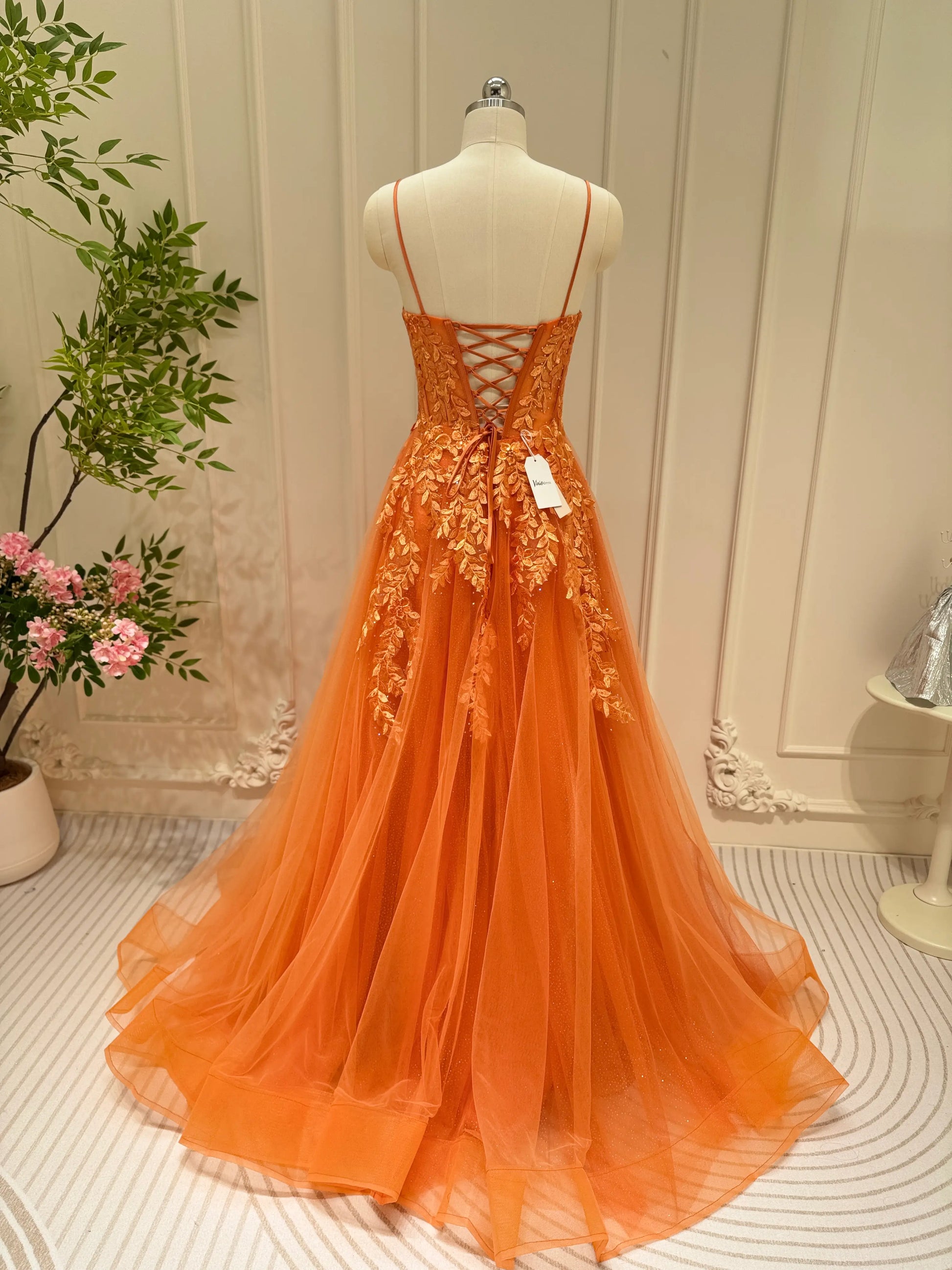 Sparkly Orange Tulle Prom Dresses Spaghetti Strap V-neck Lace Applique – Viniodress