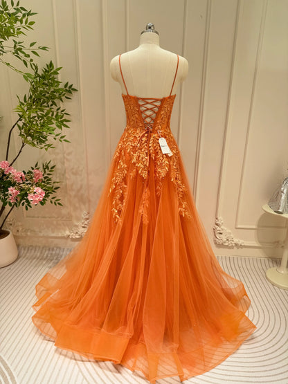 Sparkly Orange Tulle Prom Dresses Spaghetti Strap V-neck Lace Applique – Viniodress