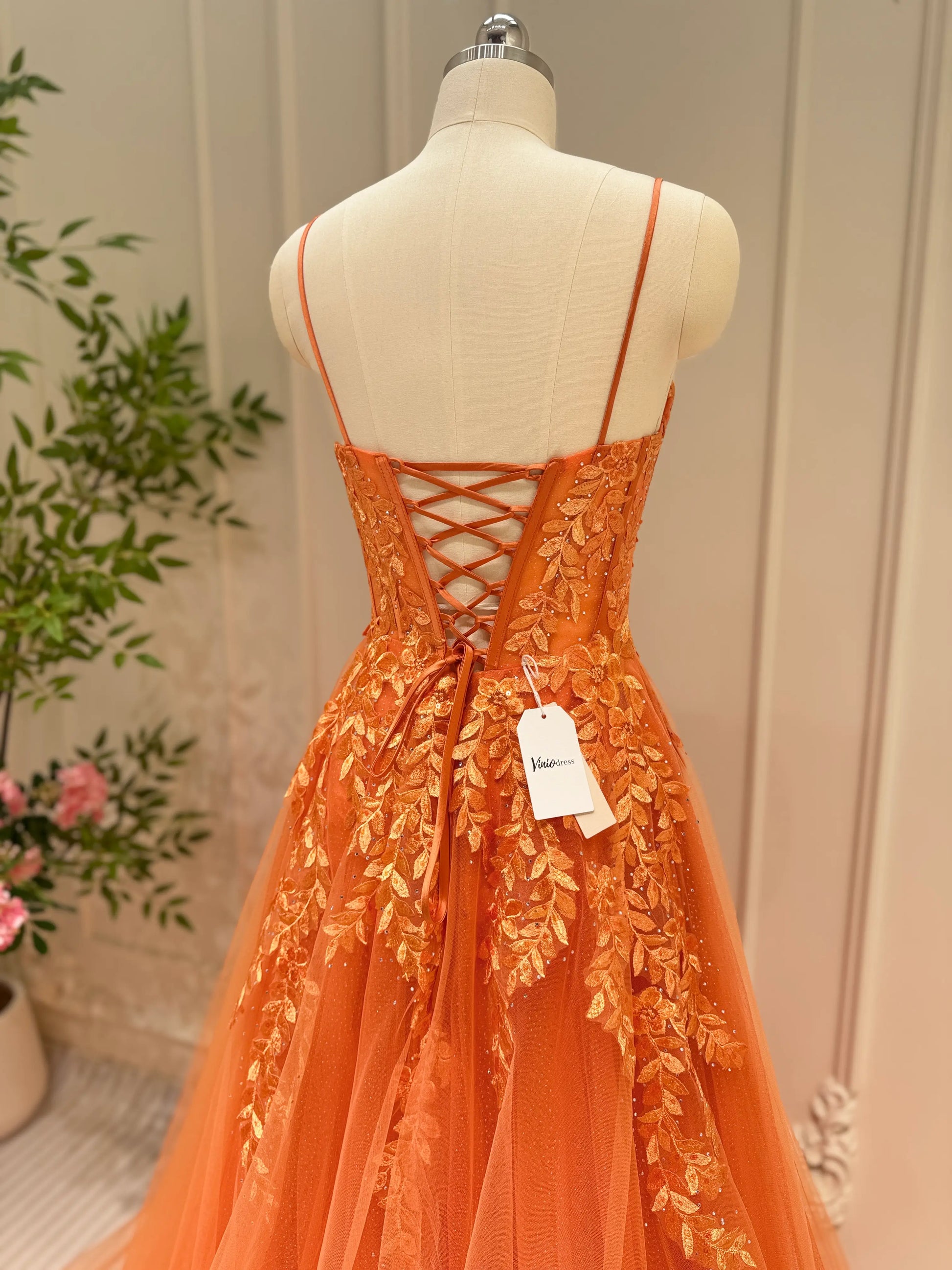 Sparkly Orange Tulle Prom Dresses Spaghetti Strap V-neck Lace Applique – Viniodress