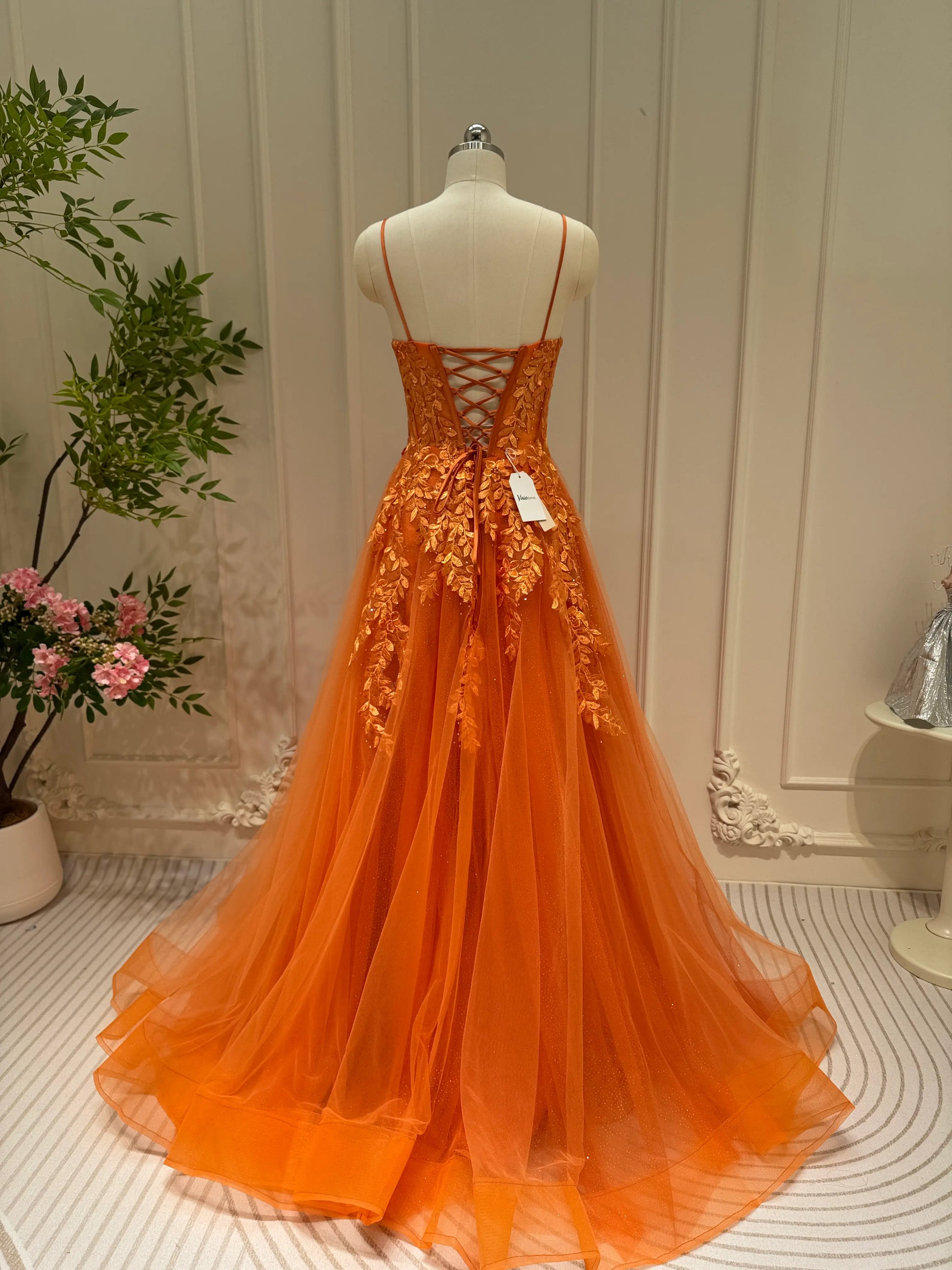 Sparkly Orange Tulle Prom Dresses Spaghetti Strap V-neck Lace Applique – Viniodress