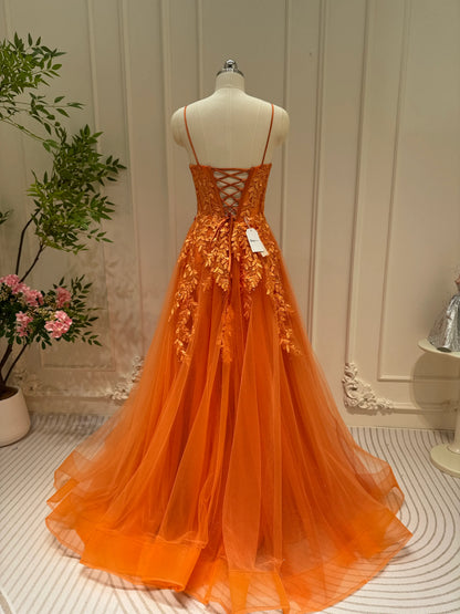 Sparkly Orange Tulle Prom Dresses Spaghetti Strap V-neck Lace Applique – Viniodress