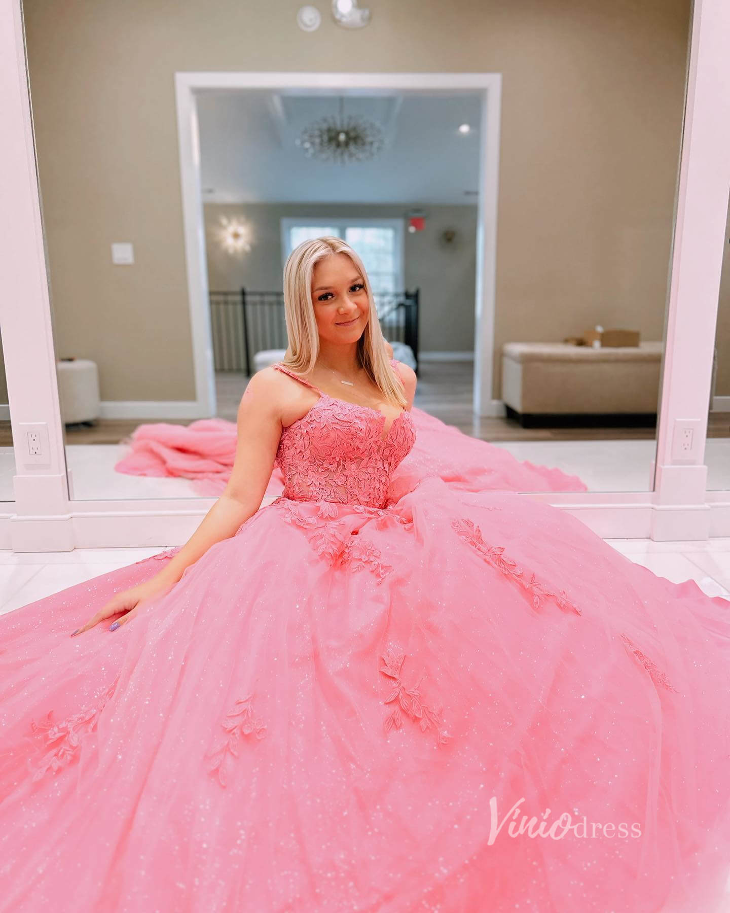Sparkly Pink Spaghetti Strap Lace Prom Dresses Lace-up Back FD1348P-prom dresses 2025 -Viniodress-Pink-Custom Size-