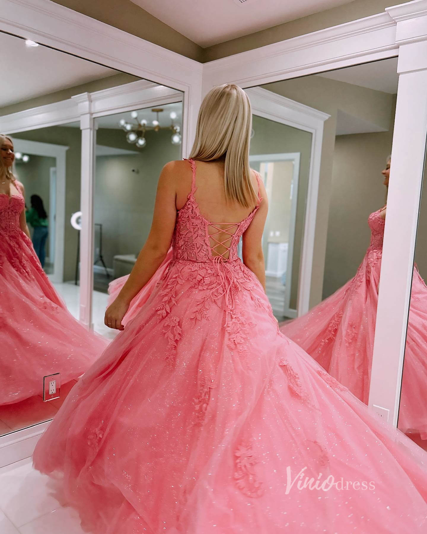 Sparkly Pink Spaghetti Strap Lace Prom Dresses Lace-up Back FD1348P-prom dresses 2025 -Viniodress-Pink-Custom Size-