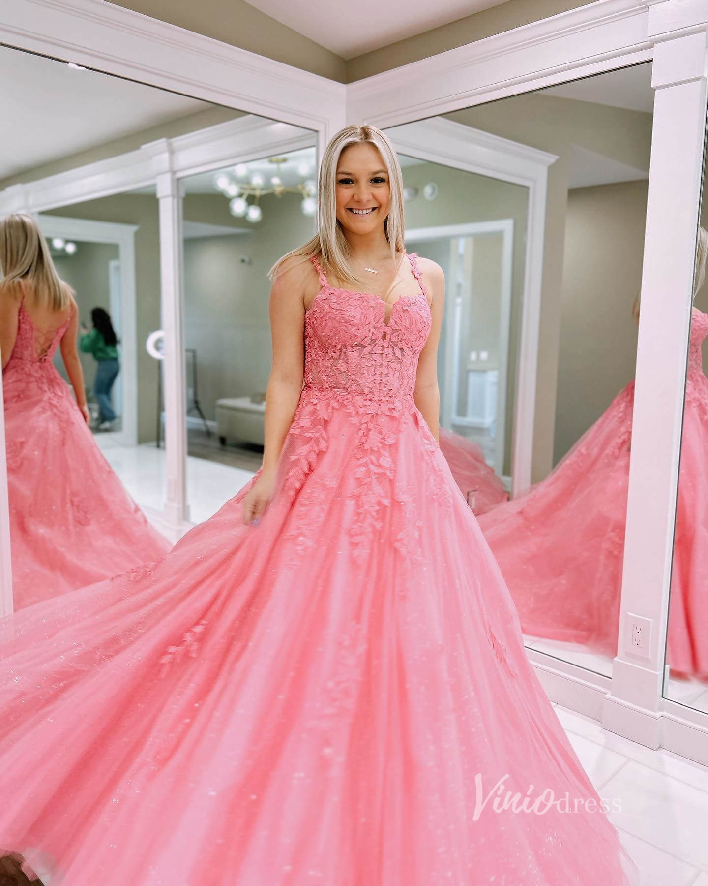 Sparkly Pink Spaghetti Strap Lace Prom Dresses Lace-up Back FD1348P-prom dresses 2025 -Viniodress-Pink-Custom Size-