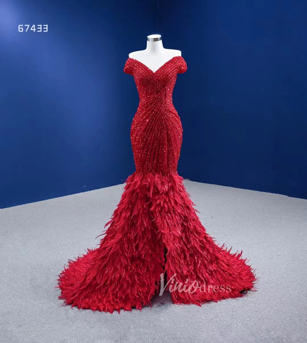 Sparkly Red Feather Formal Gown Sequin Prom Pageant Dress 67433 viniodress-Evening Dresses 2025 -Viniodress-Red-Custom Size-