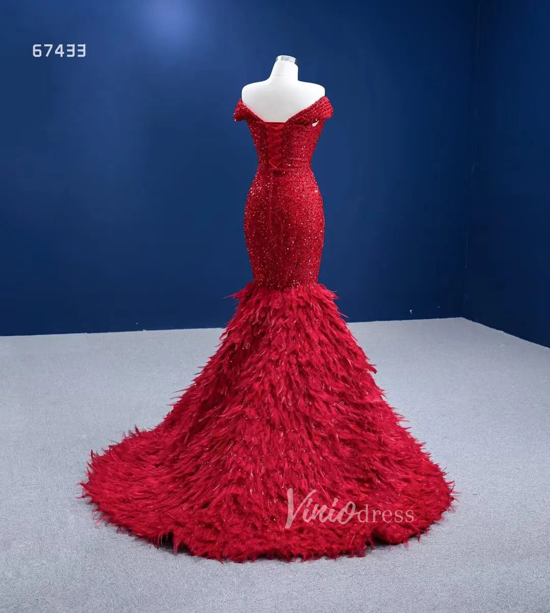 Sparkly Red Feather Formal Gown Sequin Prom Pageant Dress 67433 viniodress-Evening Dresses 2025 -Viniodress-Red-Custom Size-