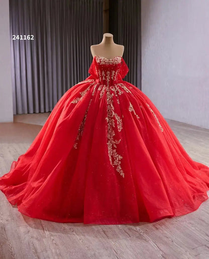 Sparkly Red Quinceanera Dress with Bow Gold Lace Appliqued Debutante G – Viniodress