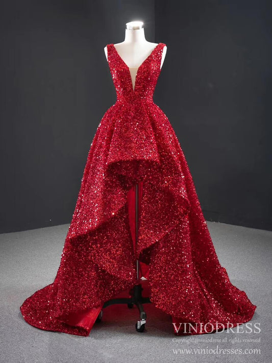 Sparkly Red Sequin High Low Prom Dresses Vintage Pageant Gown FD2414 viniodress-prom dresses 2025 -Viniodress-Red-Custom Size-
