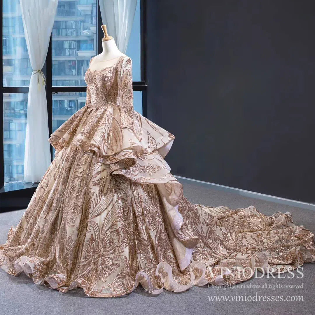 Sparkly Rose Gold Sequin Luxury Ball Gown Wedding Dresses 67017 viniodress-Quinceanera Dresses 2025 -Viniodress-Rose Gold-Custom Size-