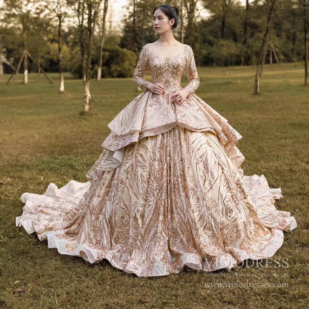 Sparkly Rose Gold Sequin Luxury Ball Gown Wedding Dresses 67017 viniodress-Quinceanera Dresses 2025 -Viniodress-Rose Gold-Custom Size-