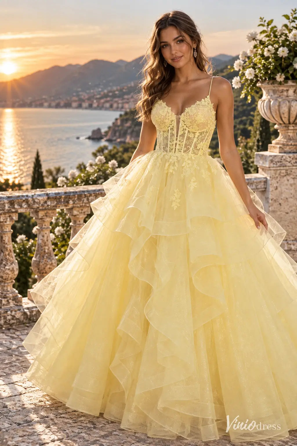 Sparkly Ruffled Ball Gown Prom Dresses with Lace Appliqué Corset Bodice & Spaghetti Straps LY030
