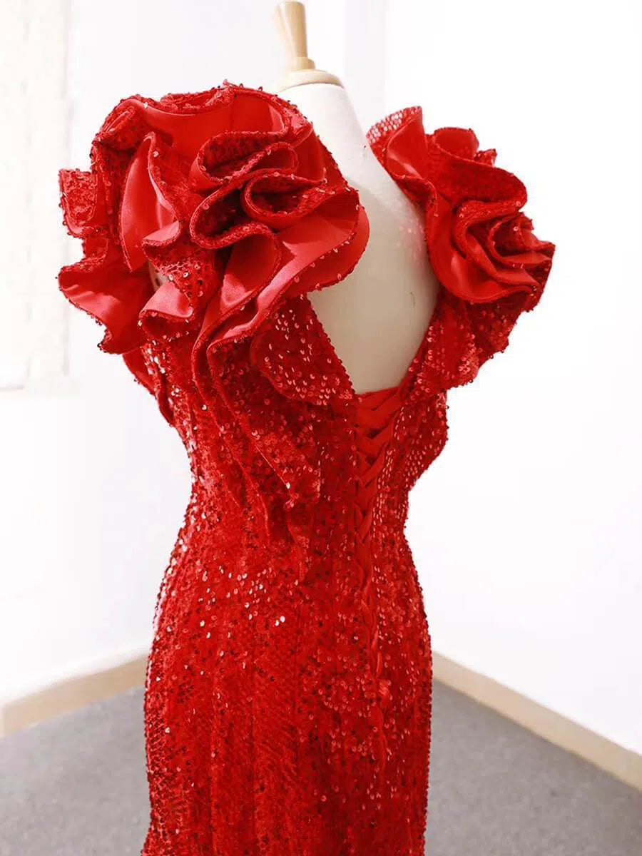 Sparkly Sequin Ruffle Shoulder Mermaid Wedding Dresses Vintage Pageant Dress FD1209-prom dresses 2025 -Viniodress-Red-Custom Size-