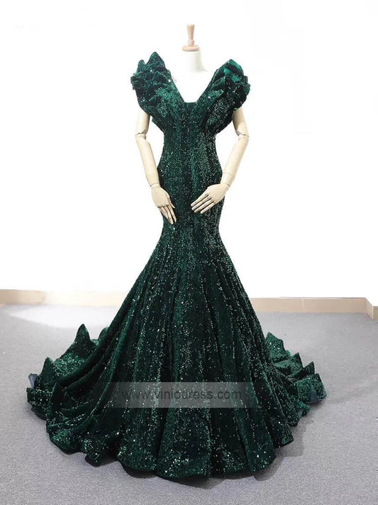 Sparkly Sequin Ruffle Shoulder Mermaid Wedding Dresses Vintage Pageant Dress FD1209-prom dresses 2025 -Viniodress-Emerald Green-Custom Size-