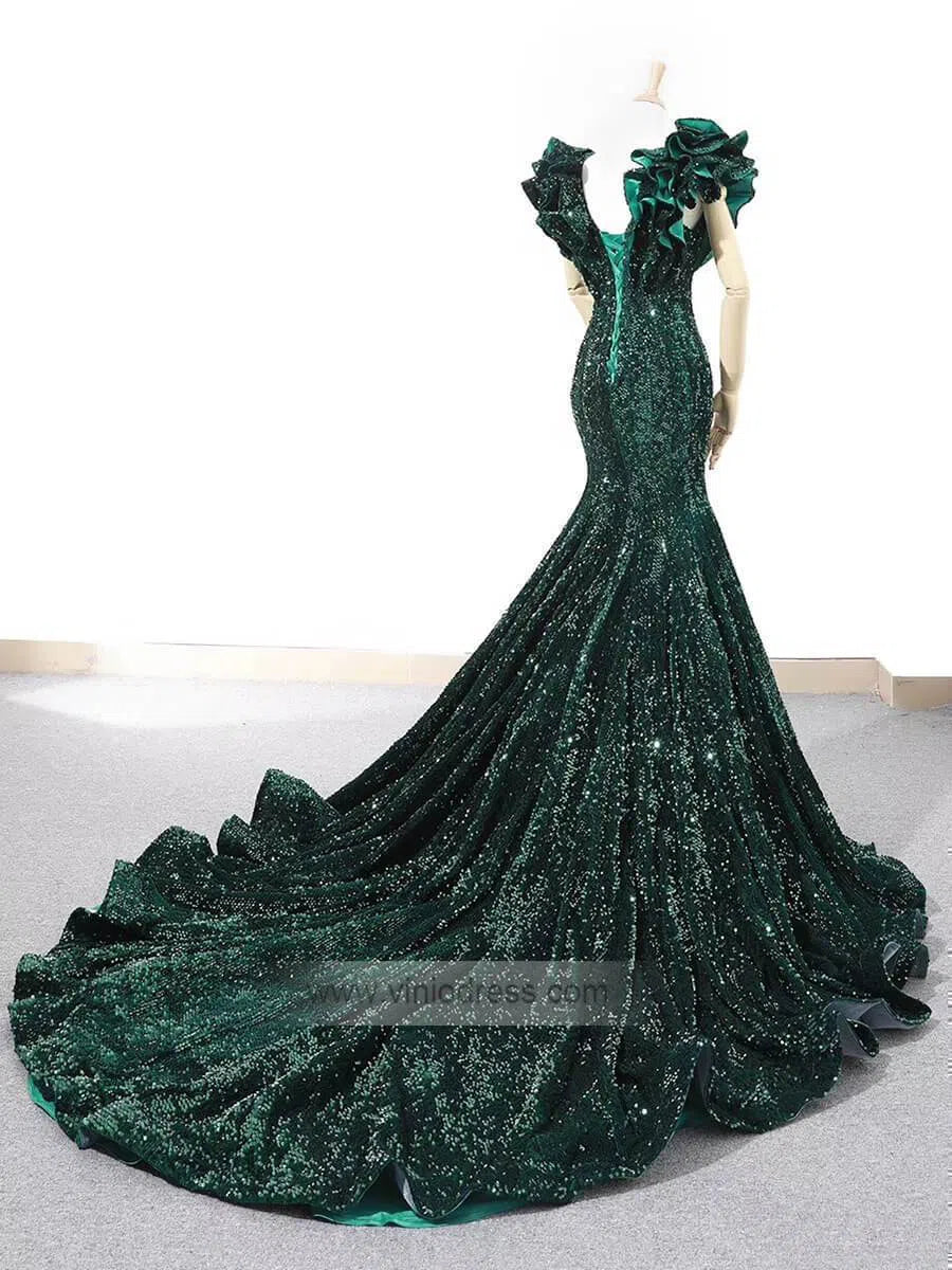 Sparkly Sequin Ruffle Shoulder Mermaid Wedding Dresses Vintage Pageant Dress FD1209-prom dresses 2025 -Viniodress-Red-Custom Size-